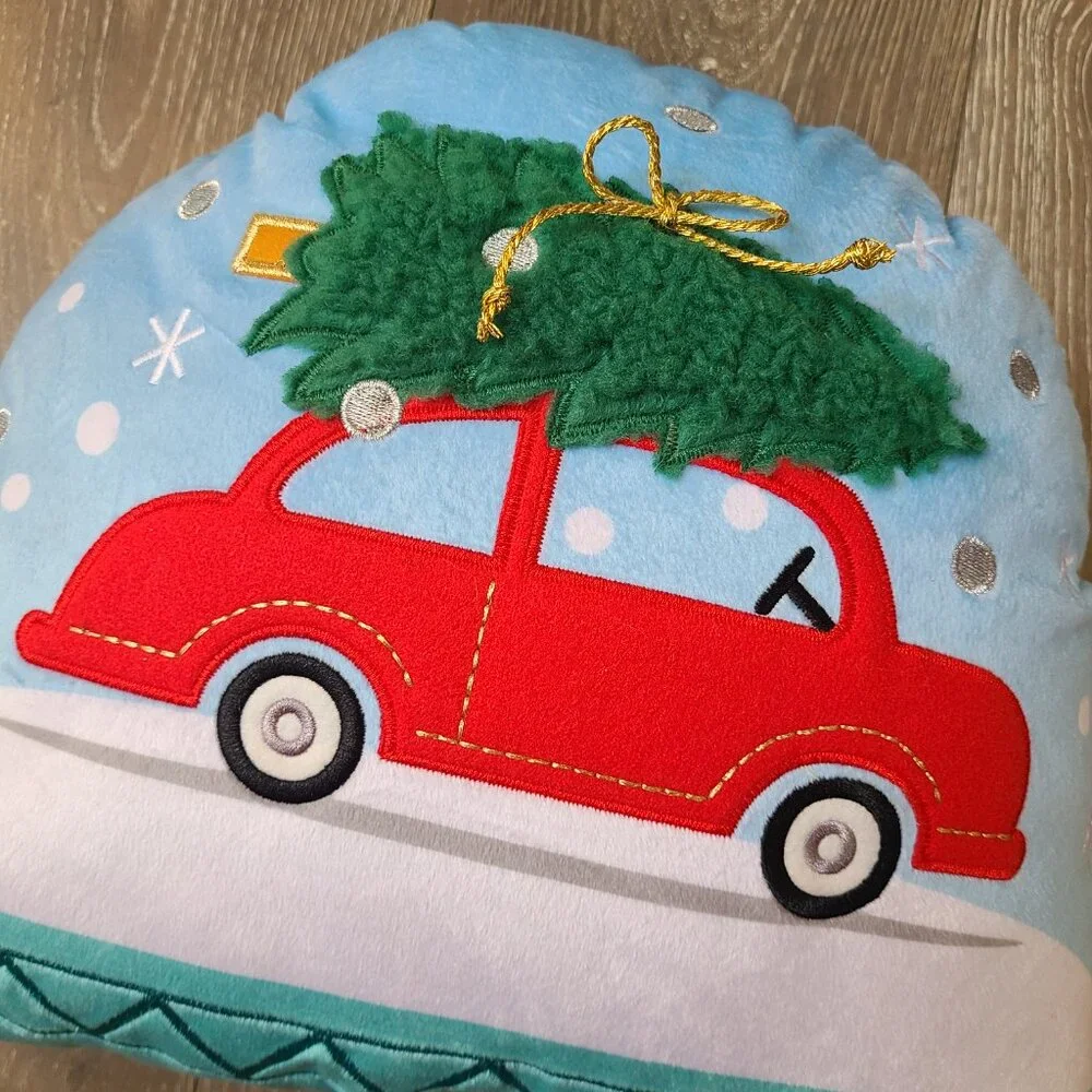 Christmas Pillow Holiday Decor Red Car with Christmas Tree Snow Globe Scene